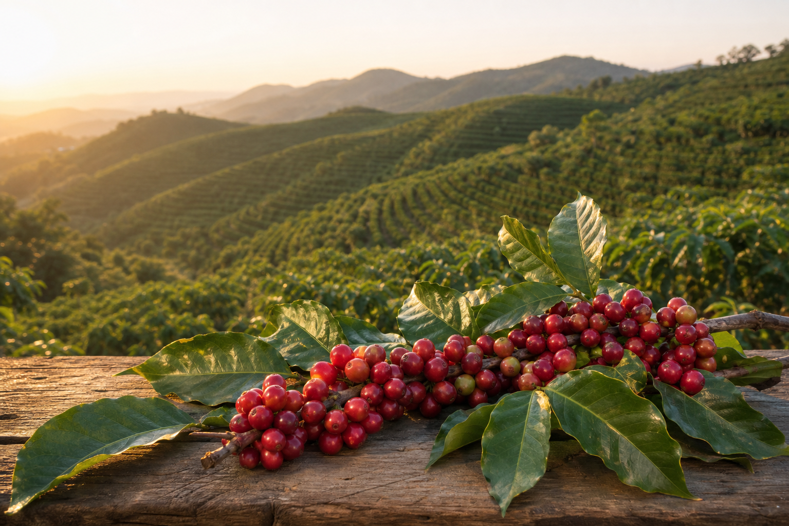 Frutos maduros do café em uma lavoura de montanha